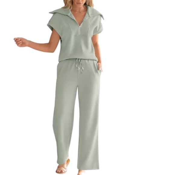 NWT Caracilia Lounge Set – L – Sage Green 2-Piece Wide Leg + Half Zip Top - Picture 1 of 10